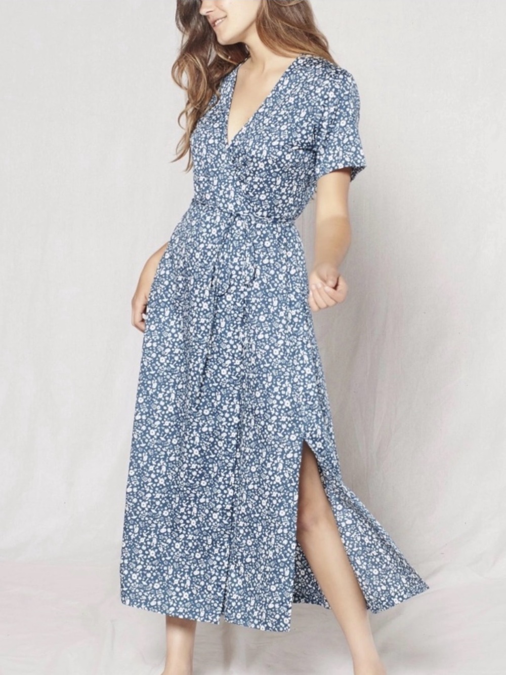 Outerknown Ritual Blue Floral Mushroom Wrap Midi Dress 100% Organic Cotton